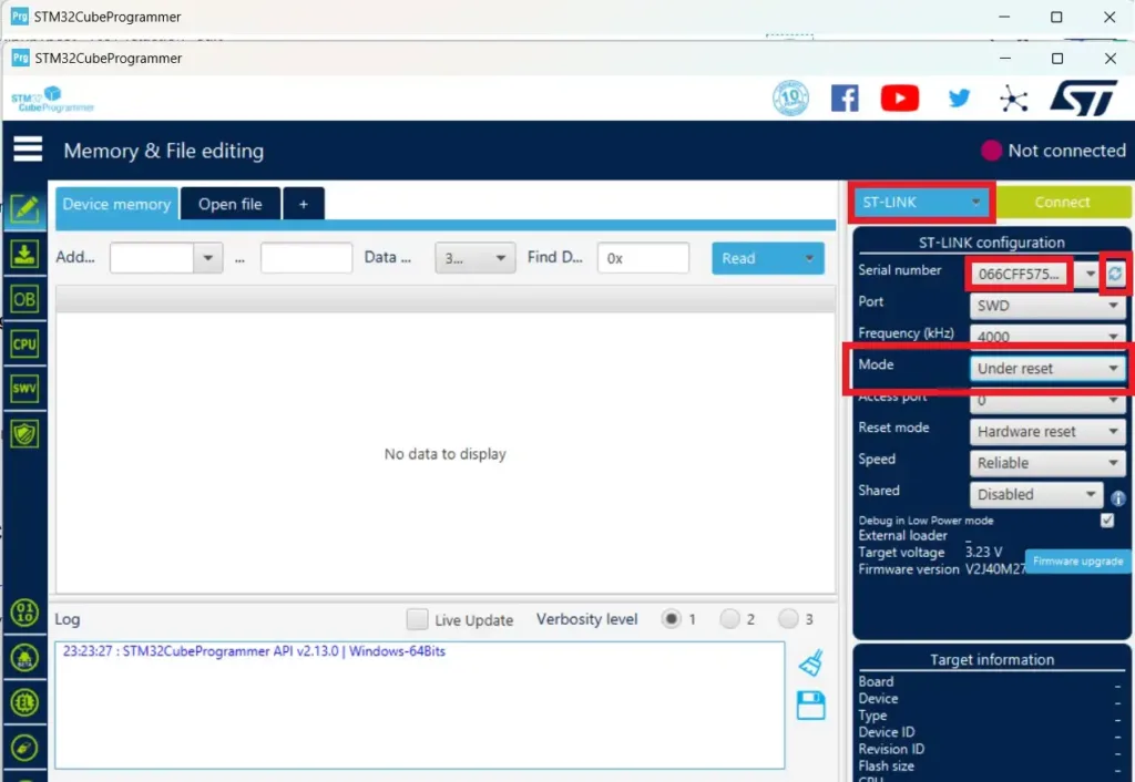 The interface firmware FAILED to reset/halt the target MCU