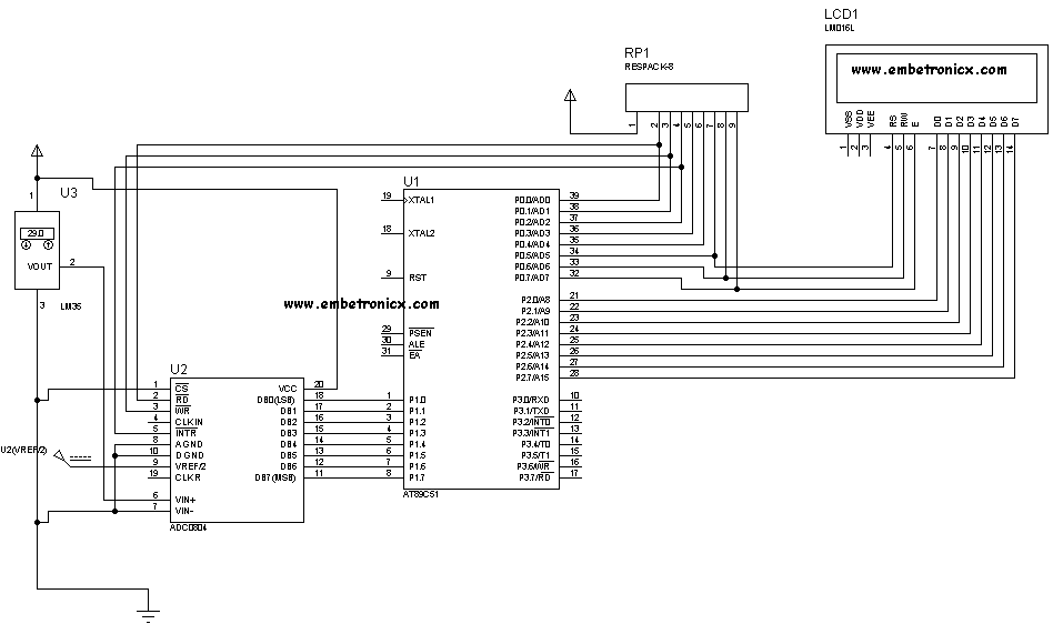 Connection Diagram - 8051 with adc0804 interfacing